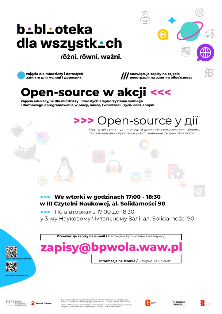 Plakat z wykazem zajęć w Bibliotece Publicznej Dzielnicy Wola m. st. Warszawy